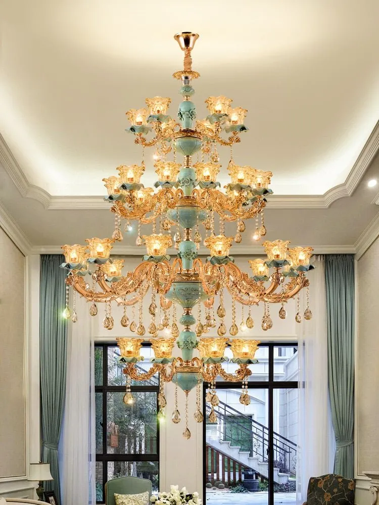 European Vintage Style Duplex Building Ceramic Three Story Chandelier For Living Room