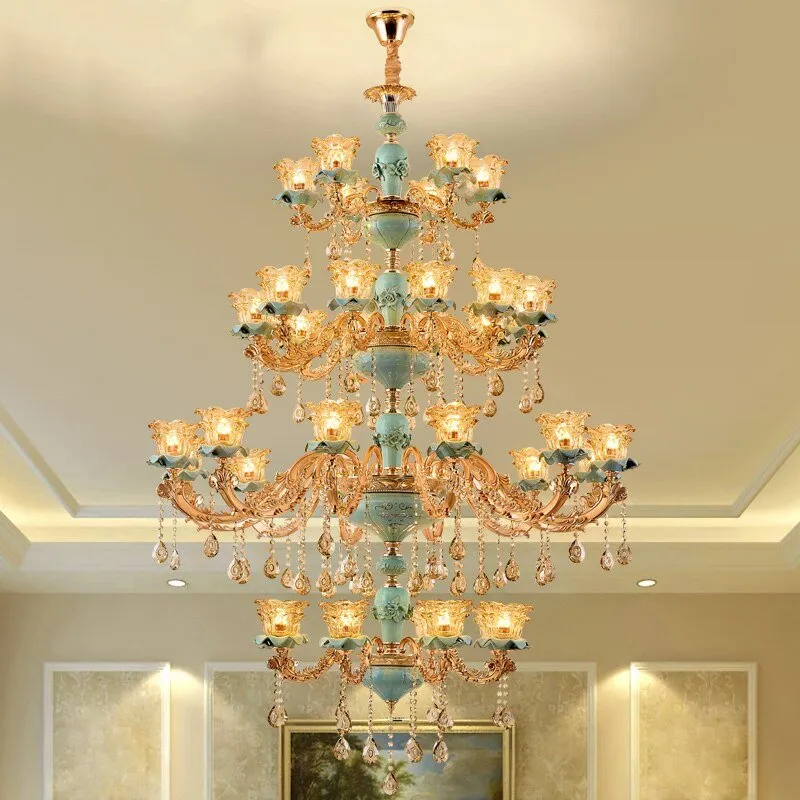 European Vintage Style Duplex Building Ceramic Three Story Chandelier For Living Room