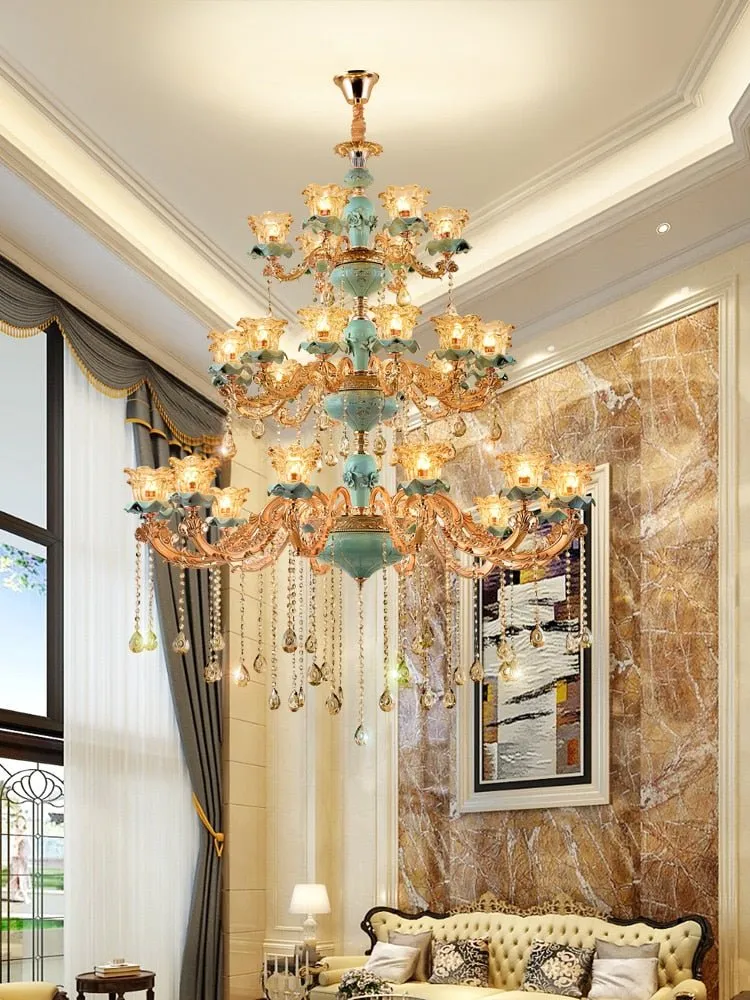 European Vintage Style Duplex Building Ceramic Three Story Chandelier For Living Room