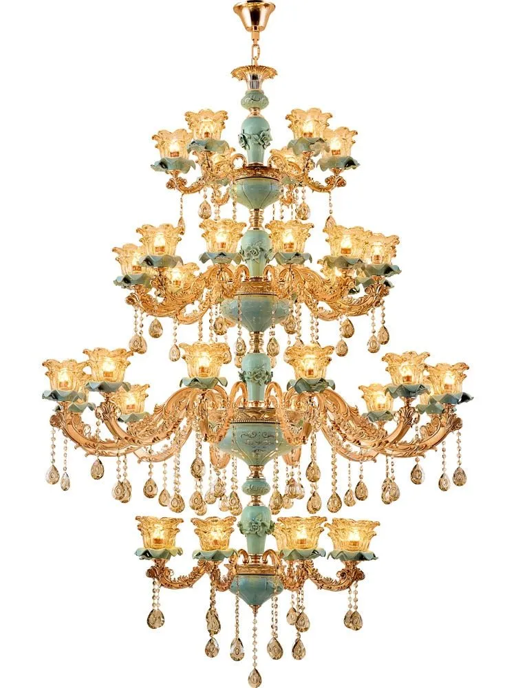 European Vintage Style Duplex Building Ceramic Three Story Chandelier For Living Room