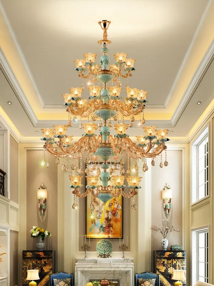 European Vintage Style Duplex Building Ceramic Three Story Chandelier For Living Room