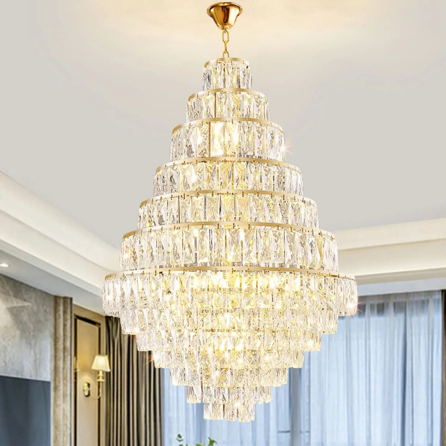 Extra Large Decorative Crystal Chandelier Foyer Hall Ceiling Light Fixture For Staircase In Gold/ Chrome