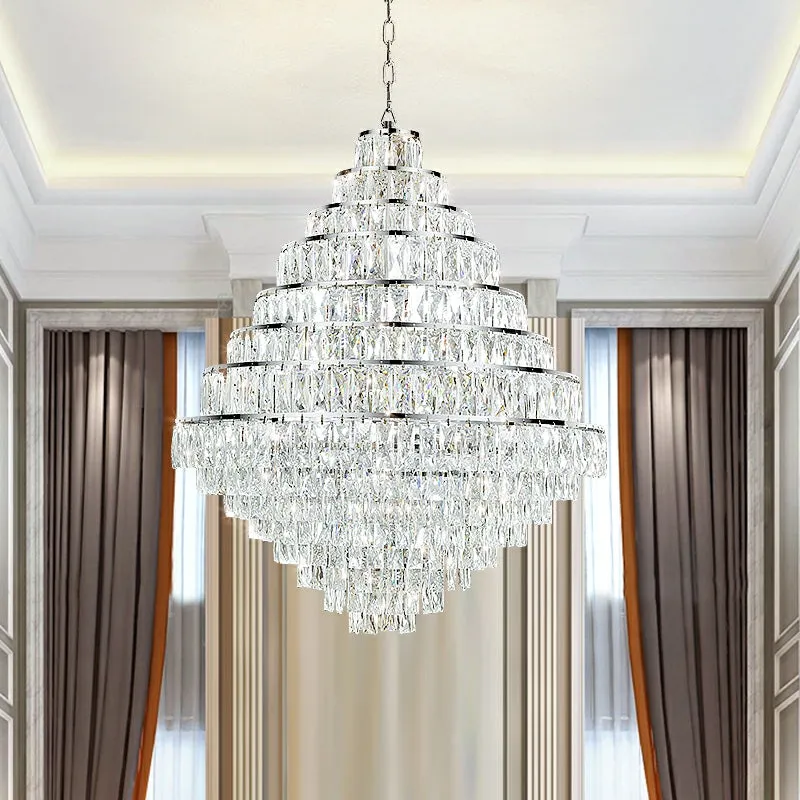 Extra Large Decorative Crystal Chandelier Foyer Hall Ceiling Light Fixture For Staircase In Gold/ Chrome