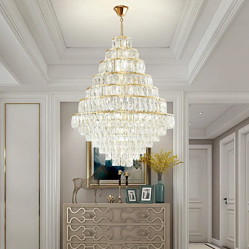 Extra Large Decorative Crystal Chandelier Foyer Hall Ceiling Light Fixture For Staircase In Gold/ Chrome