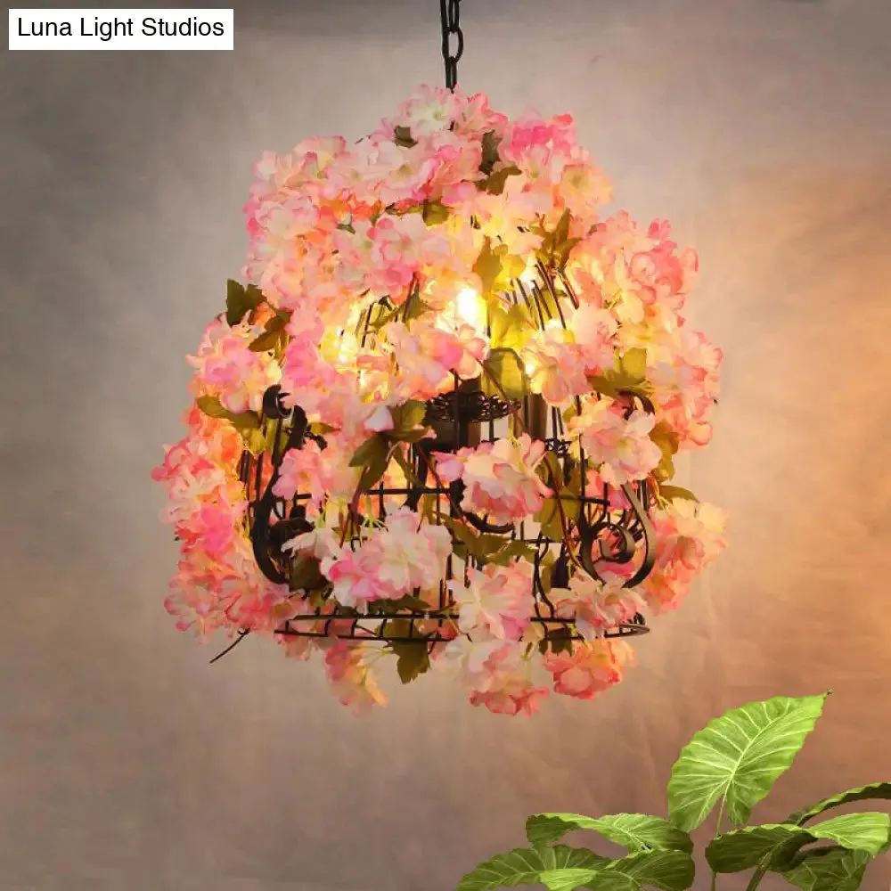 Farmhouse Iron Chandelier with Pink Cherry Blossoms and Bell Cage - 3 Bulb Pendant Light for Restaurants