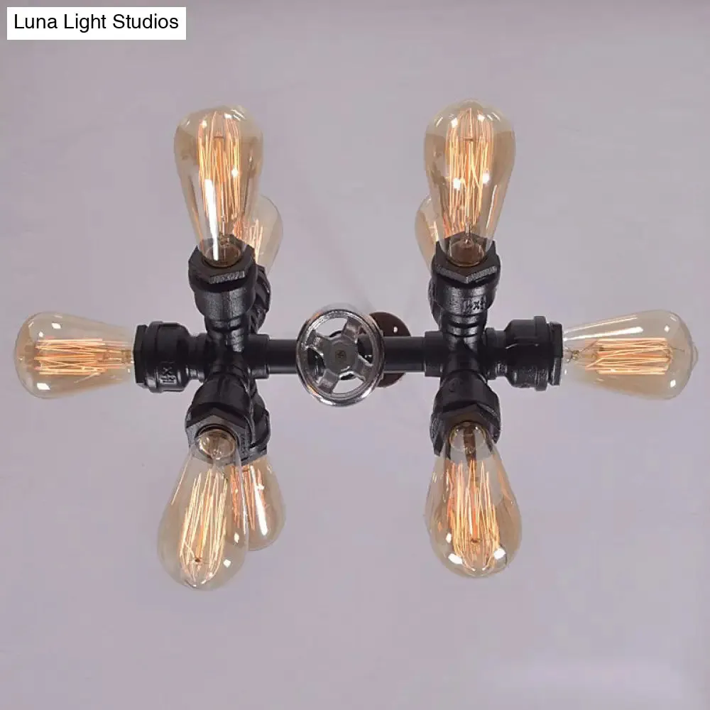 Farmhouse Style 10-Head Black Pendant Lamp with Exposed Bulbs and Sputnik Design