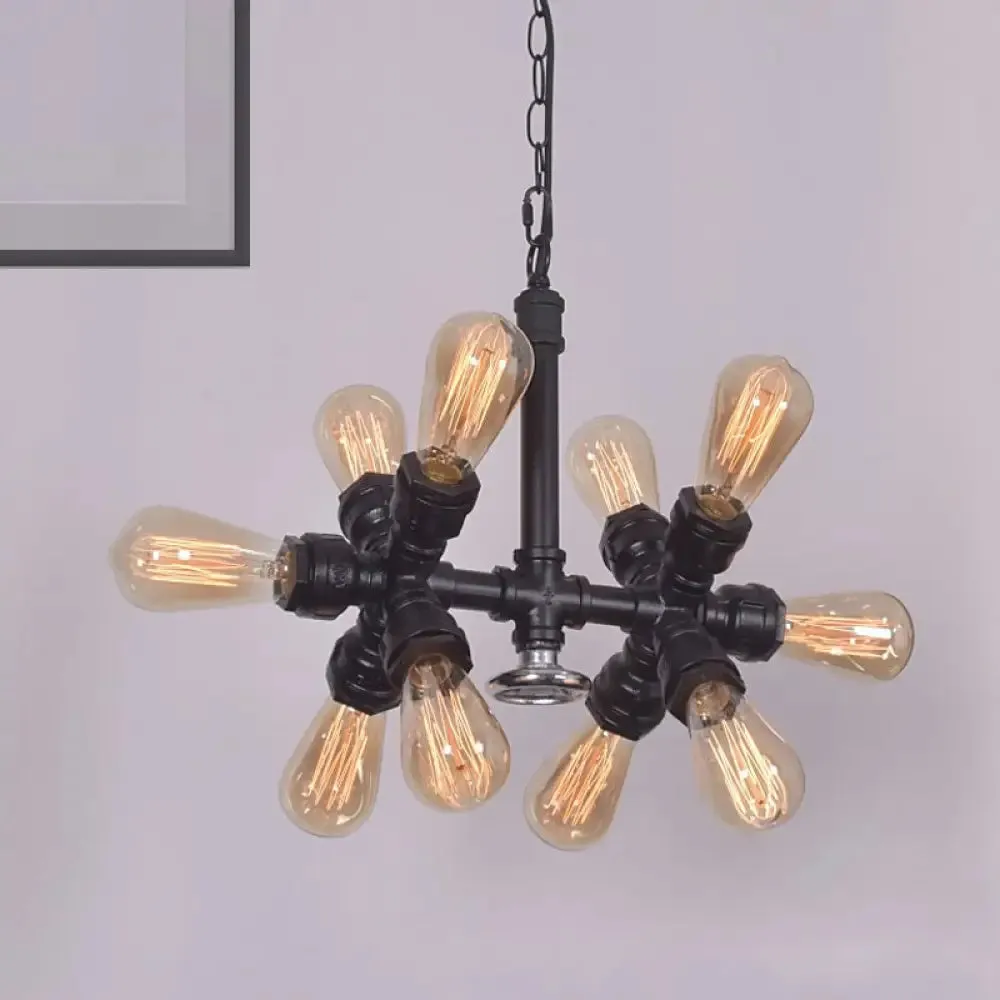 Farmhouse Style 10-Head Black Pendant Lamp with Exposed Bulbs and Sputnik Design