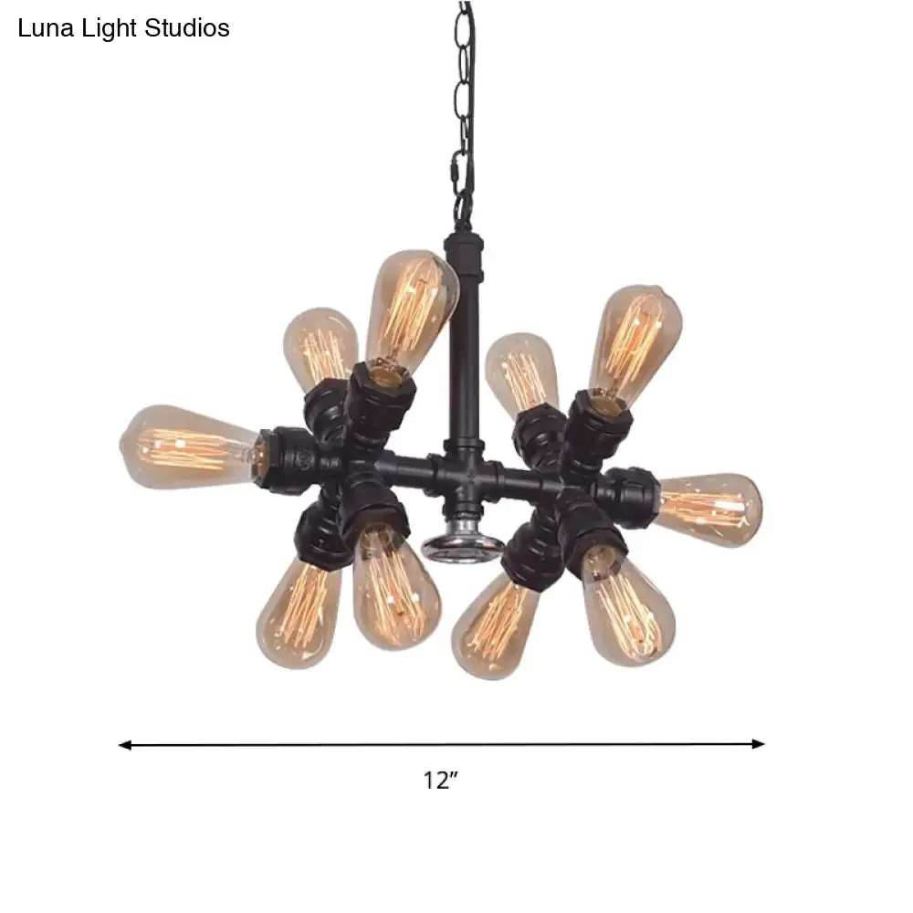 Farmhouse Style 10-Head Black Pendant Lamp with Exposed Bulbs and Sputnik Design