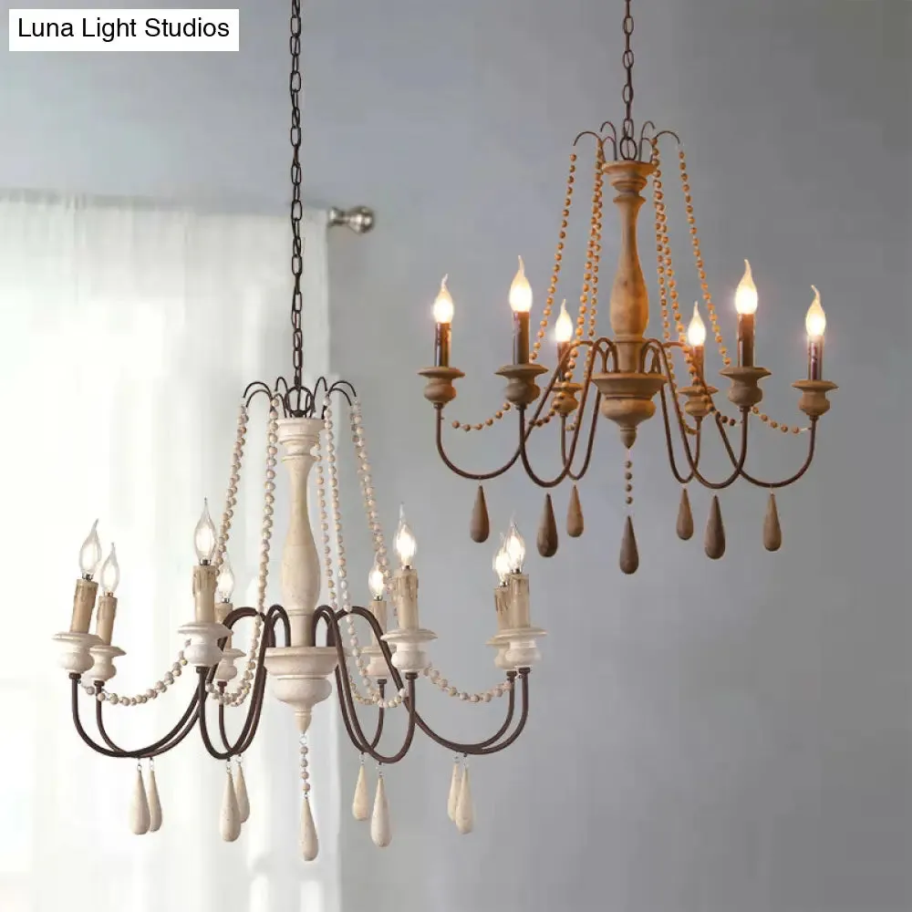 Farmhouse Wood Chandelier: Swooping Arms, Candelabra Design, Ceiling Light