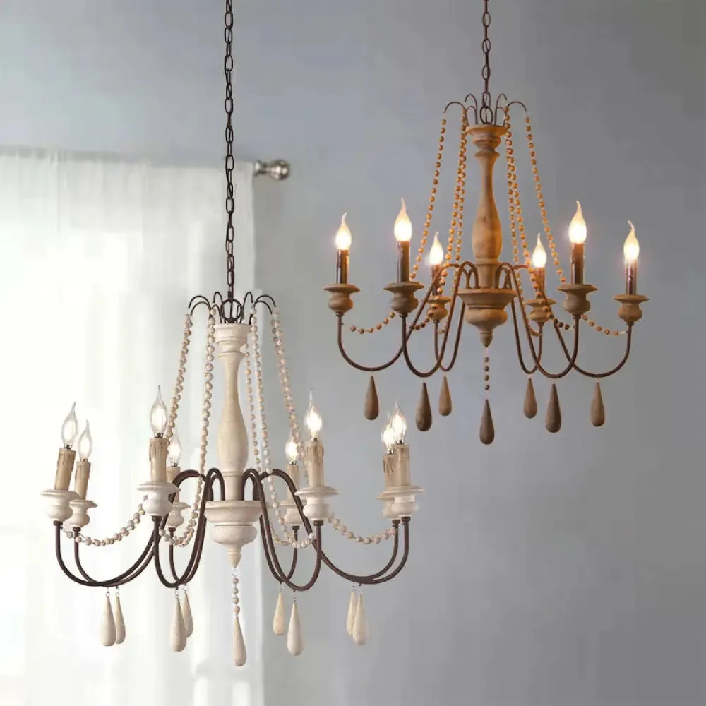 Farmhouse Wood Chandelier: Swooping Arms, Candelabra Design, Ceiling Light