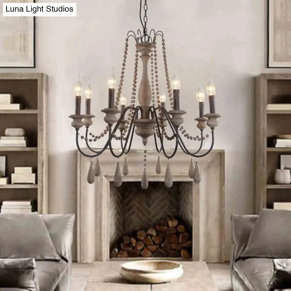 Farmhouse Wood Chandelier: Swooping Arms, Candelabra Design, Ceiling Light