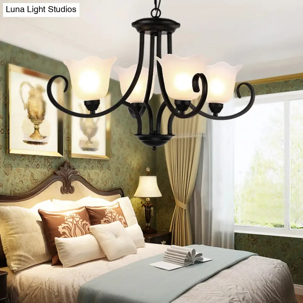 Flared Shade Frosted Glass Ceiling Lamp with Traditional Bedroom Chandelier Pendant Light - Black (4/6/8 Bulbs)