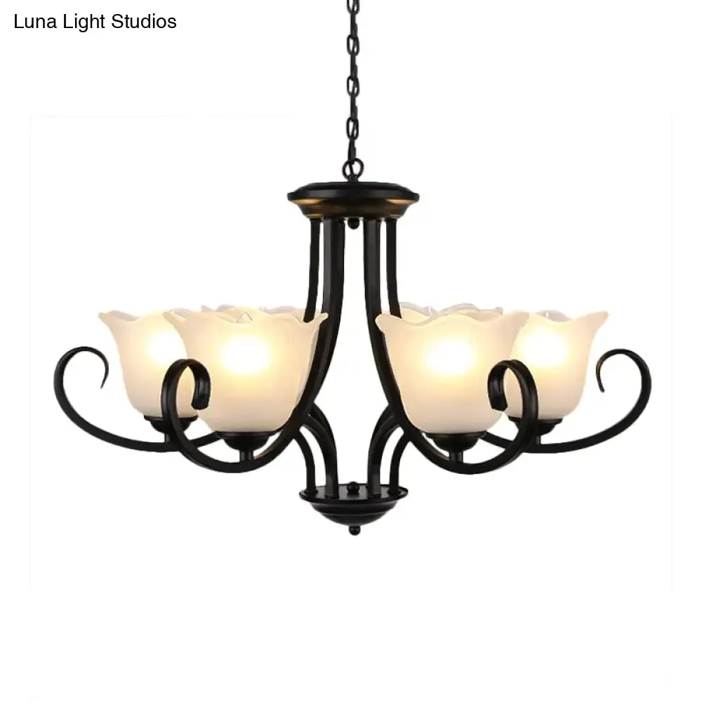 Flared Shade Frosted Glass Ceiling Lamp with Traditional Bedroom Chandelier Pendant Light - Black (4/6/8 Bulbs)