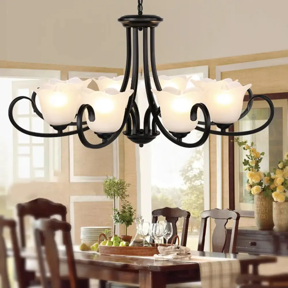 Flared Shade Frosted Glass Ceiling Lamp with Traditional Bedroom Chandelier Pendant Light - Black (4/6/8 Bulbs)