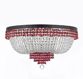 French Empire Crystal Flush Chandelier Chandeliers Lighting Trimmed With Ruby Red Crystal With Dark Antique Finish H18" X W24" Good For Dining Room Foyer Entryway Family Room And More - F93-B75/Cb/Flush/870/9