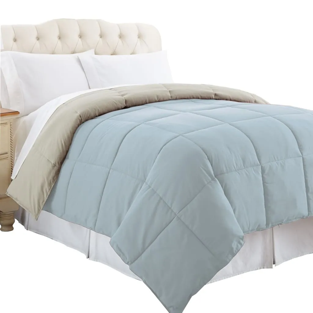 Genoa Queen Size Box Quilted Reversible Comforter By Casagear Home, Gray and Blue