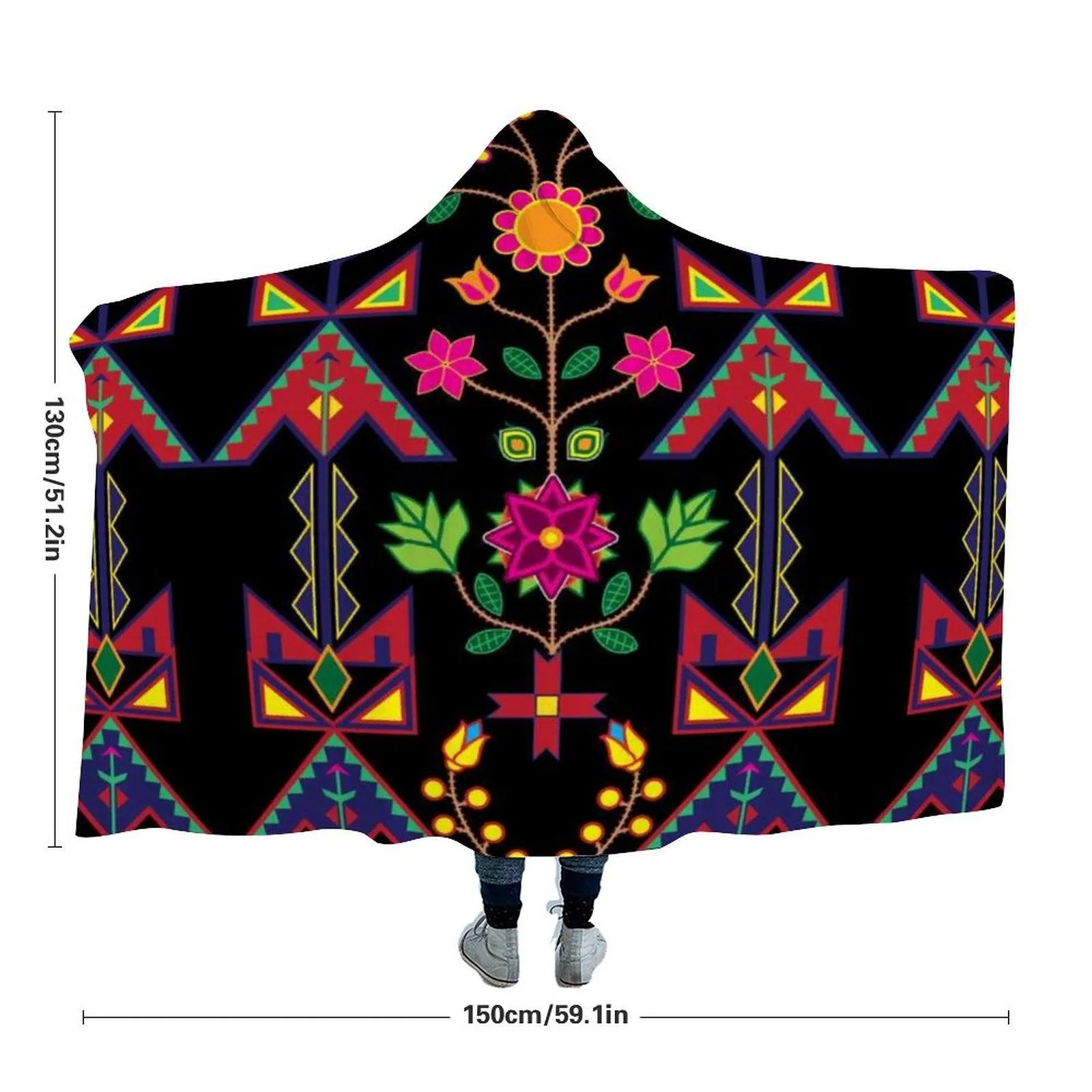 Geometric Floral Spring Black Hooded Blanket