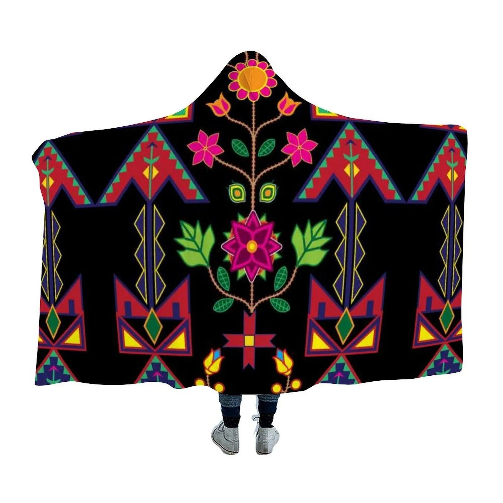 Geometric Floral Spring Black Hooded Blanket