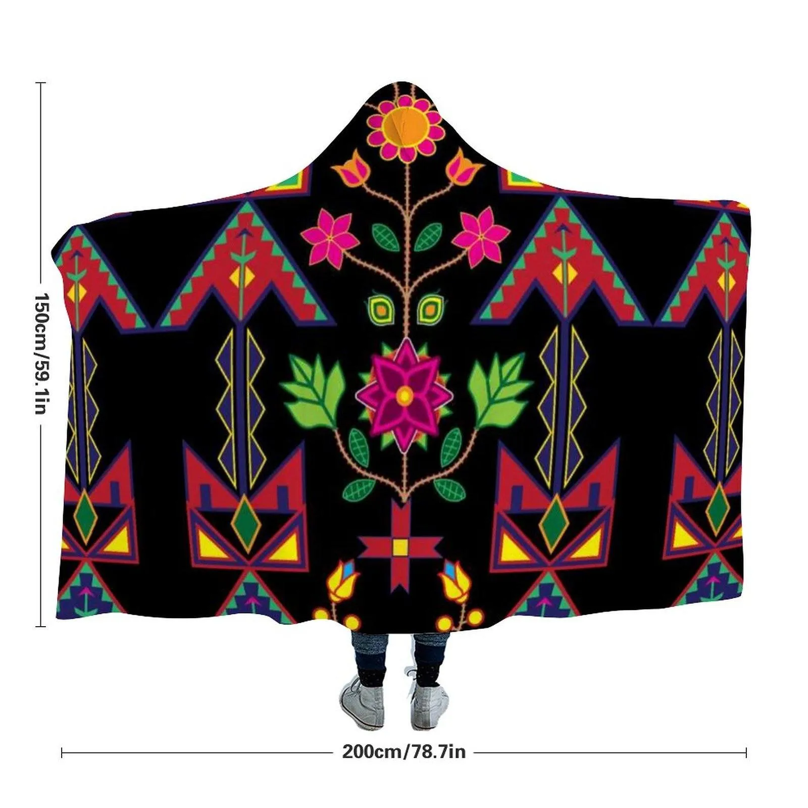 Geometric Floral Spring Black Hooded Blanket