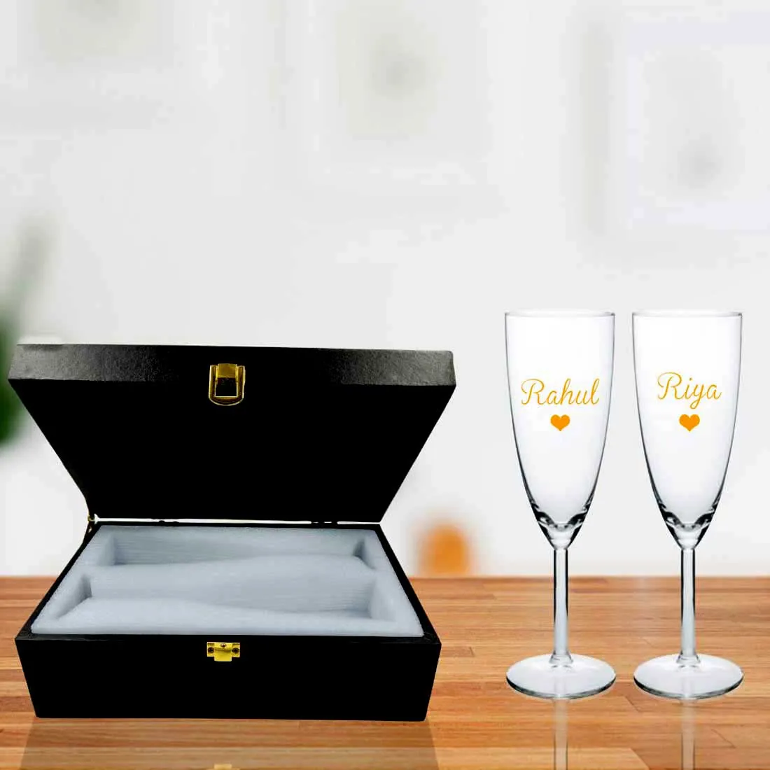 Gift Box with Pair of Champagne Glasses for Couple - Black Boxes Available