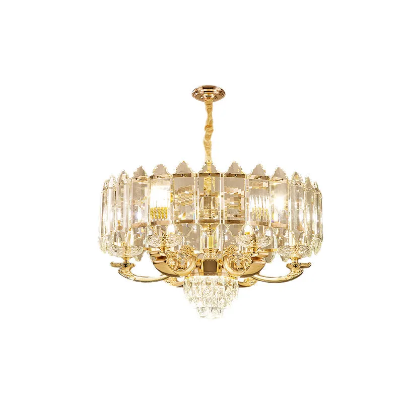 Gold Drum Crystal Pendant Light - Modern Living Room Chandelier - 10 Lights