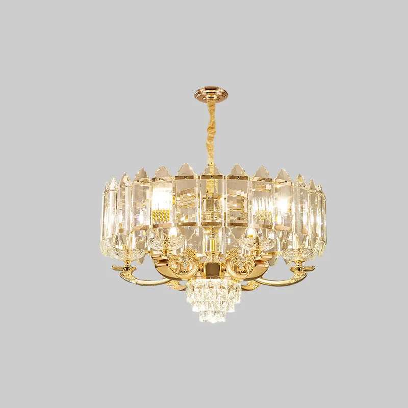 Gold Drum Crystal Pendant Light - Modern Living Room Chandelier - 10 Lights