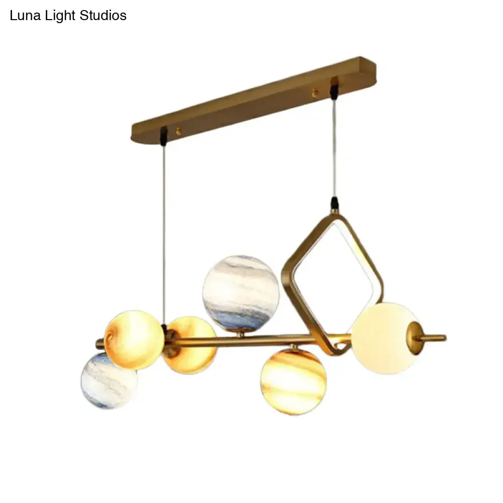 Gold Stained Glass Nordic Planet 7-Head Hanging Light for Dining Room