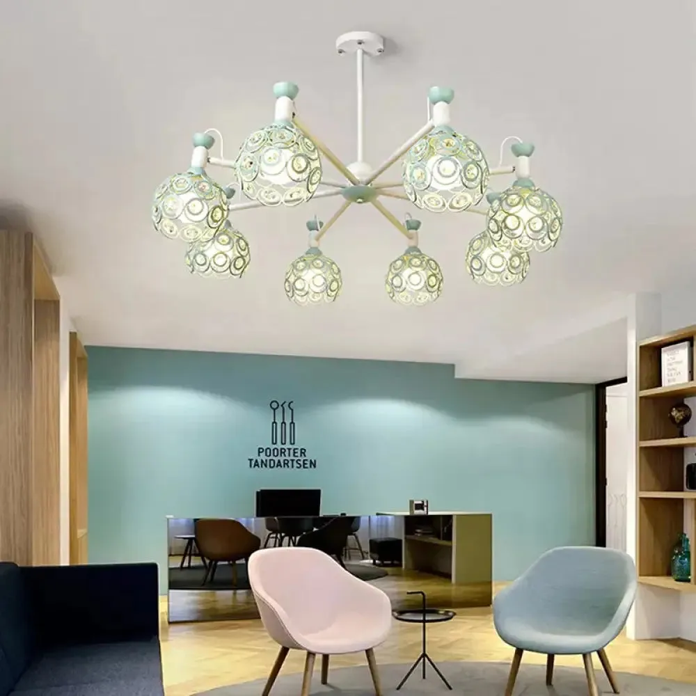 Green Macaron Hollow Orb Chandelier with Crystal Bead Accent | Bedroom Hanging Light