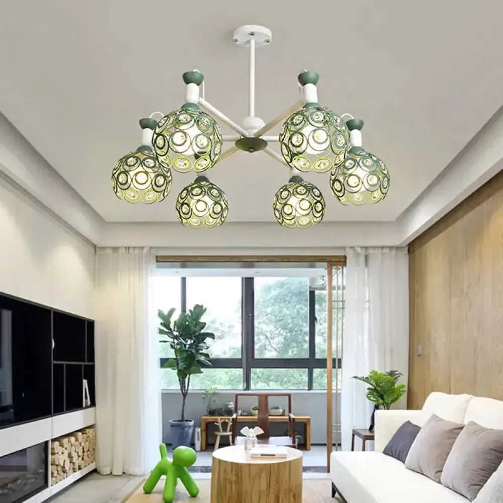 Green Macaron Hollow Orb Chandelier with Crystal Bead Accent | Bedroom Hanging Light