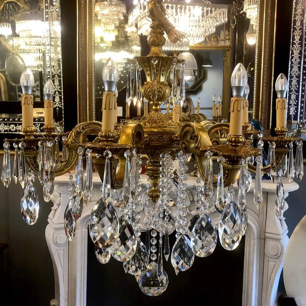 Heavy Antique Mazarine Chandelier with Crystals Drops - SOLD