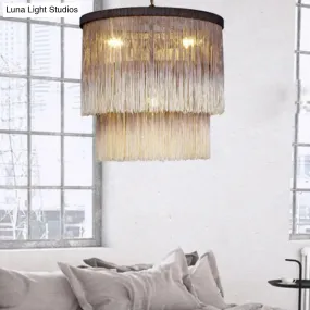 Hemp Fringe Coffee Suspension Light Retro Style Chandelier with 4 Bulbs and Layered Drum Design