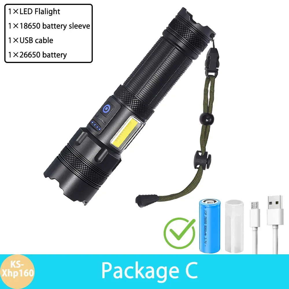 High Power  XHP160 LED Rechargeable 16-Core Flashlight With Side Work light Lantern Powerful USB charging Torch Lamp for Camping