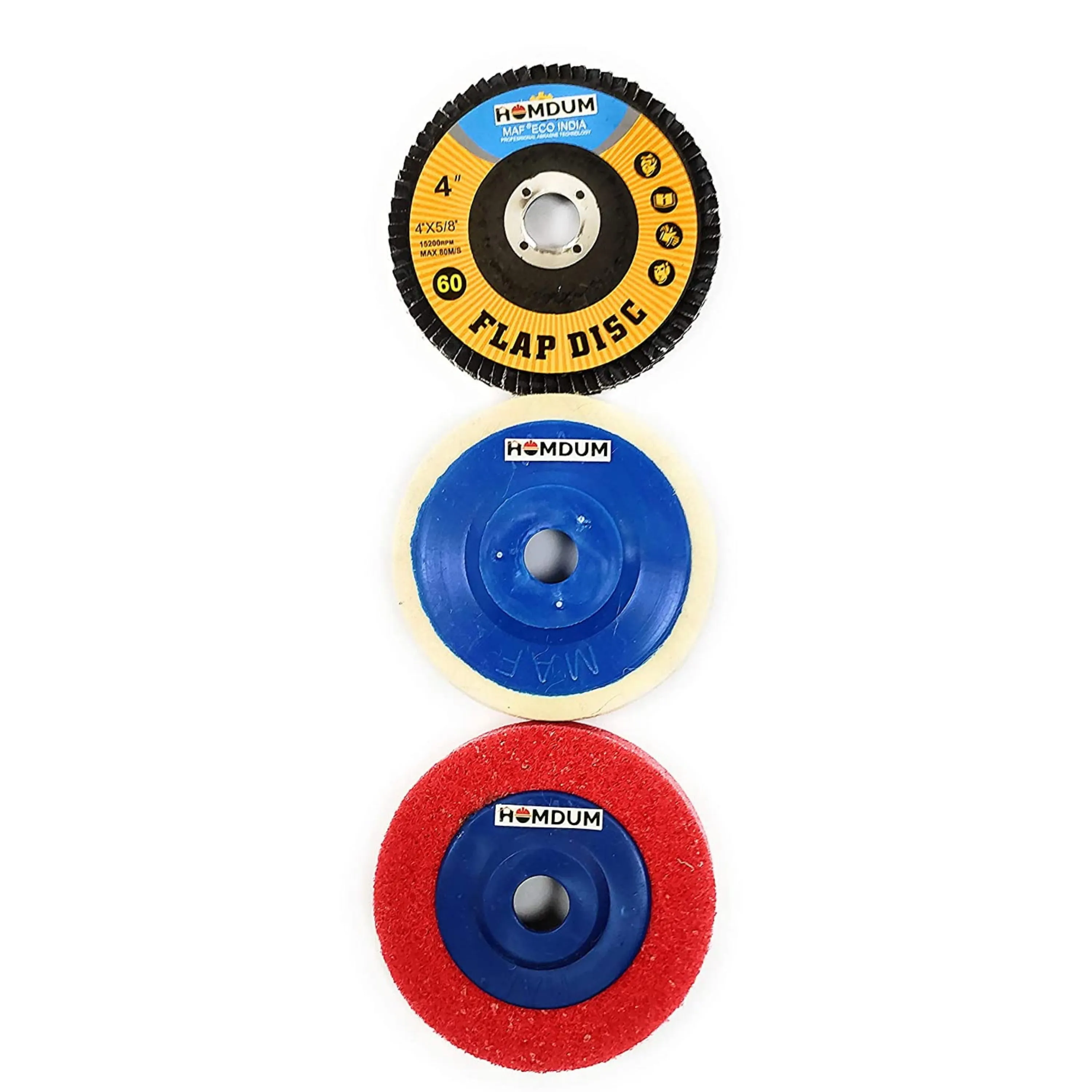 Homdum MAF Flap-Fiber-Felt 3pc Disc Pads Angle Grinder Wheels for Sanding-Buffing-Polishing (4") pack of 3 peices