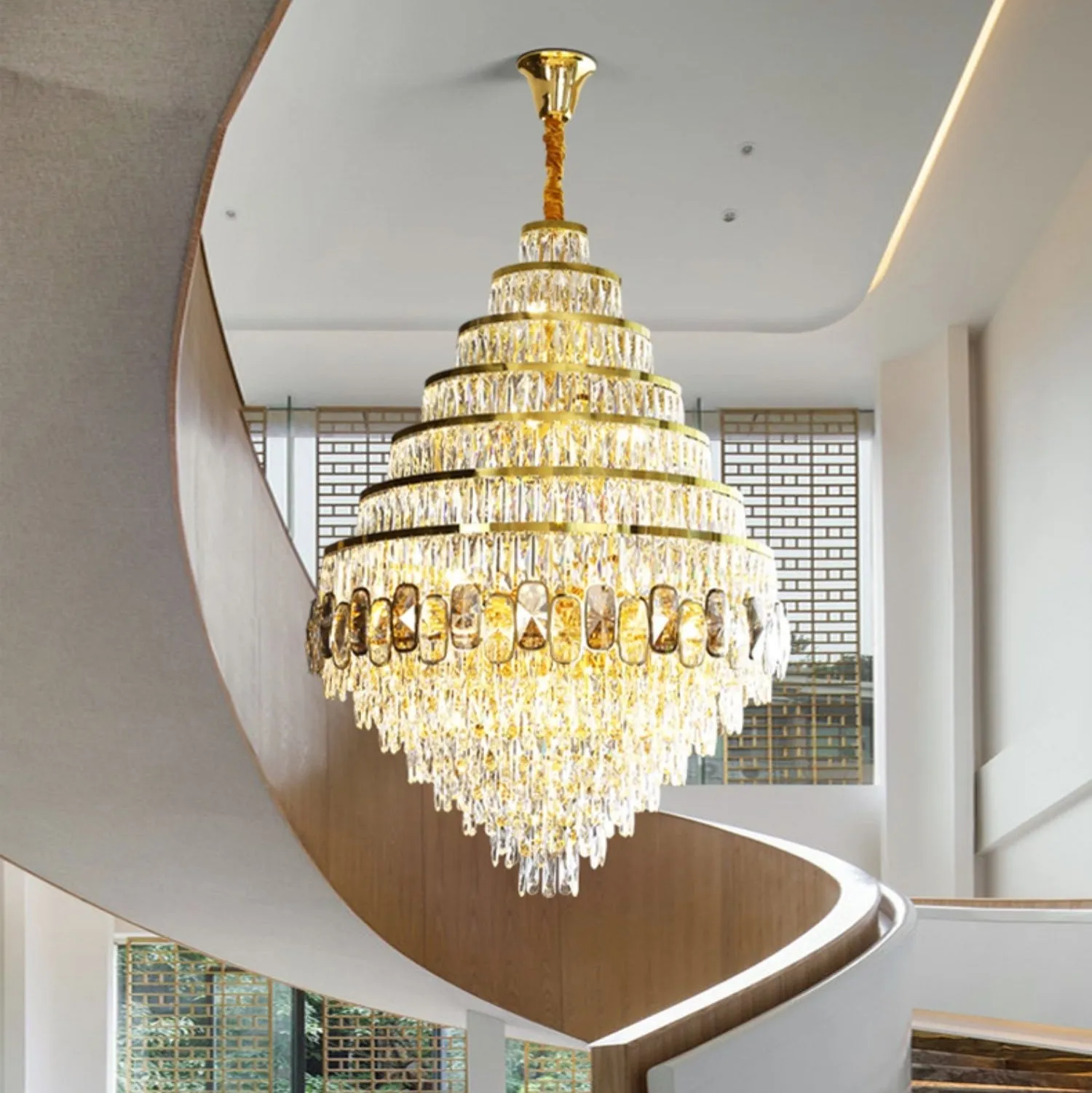 Honeycomb Shaped Ceiling Chandelier Extra Large Crystal Light Fixture For Foyer Staircase/ Entryway In Gold Finish