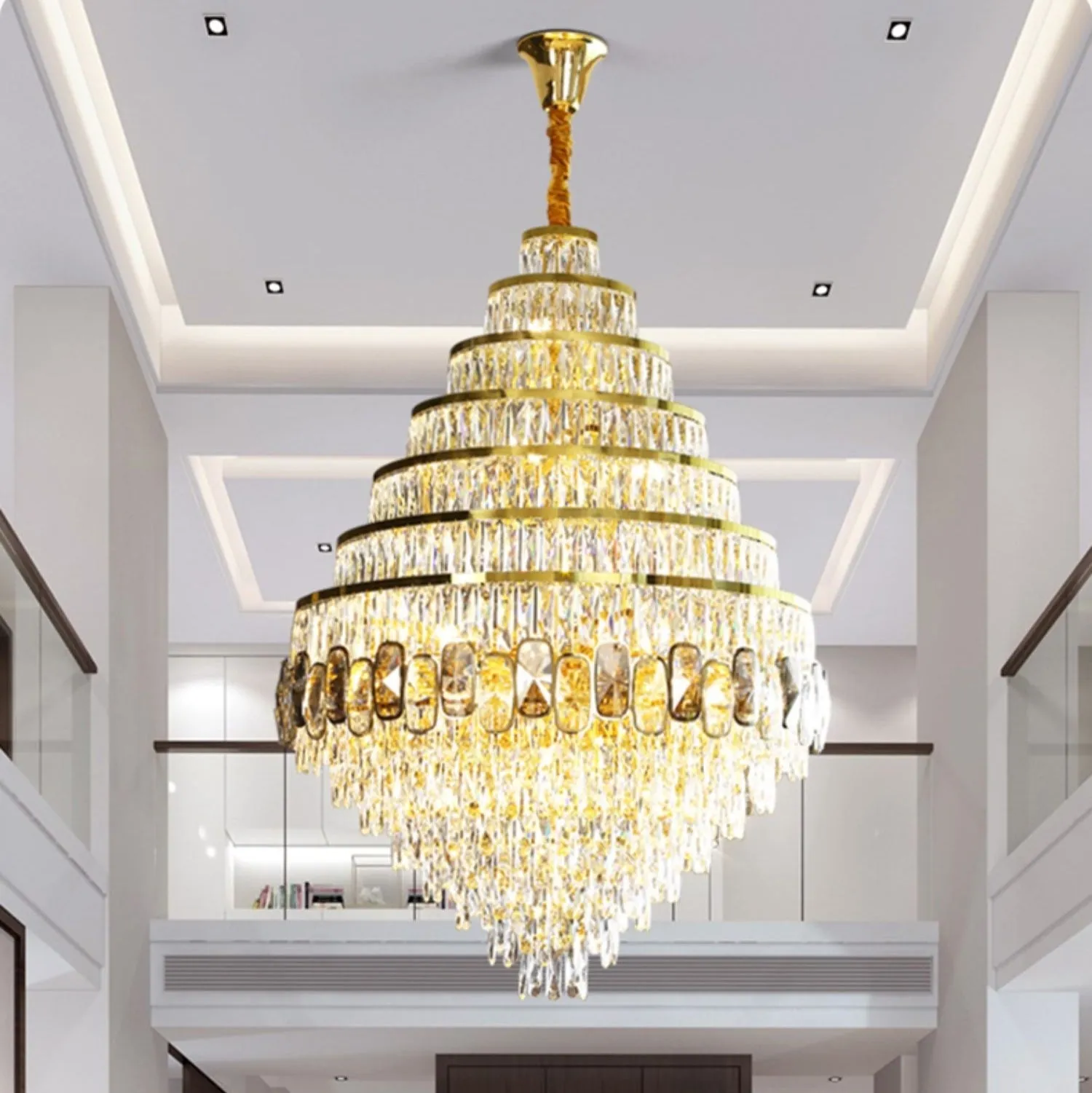 Honeycomb Shaped Ceiling Chandelier Extra Large Crystal Light Fixture For Foyer Staircase/ Entryway In Gold Finish