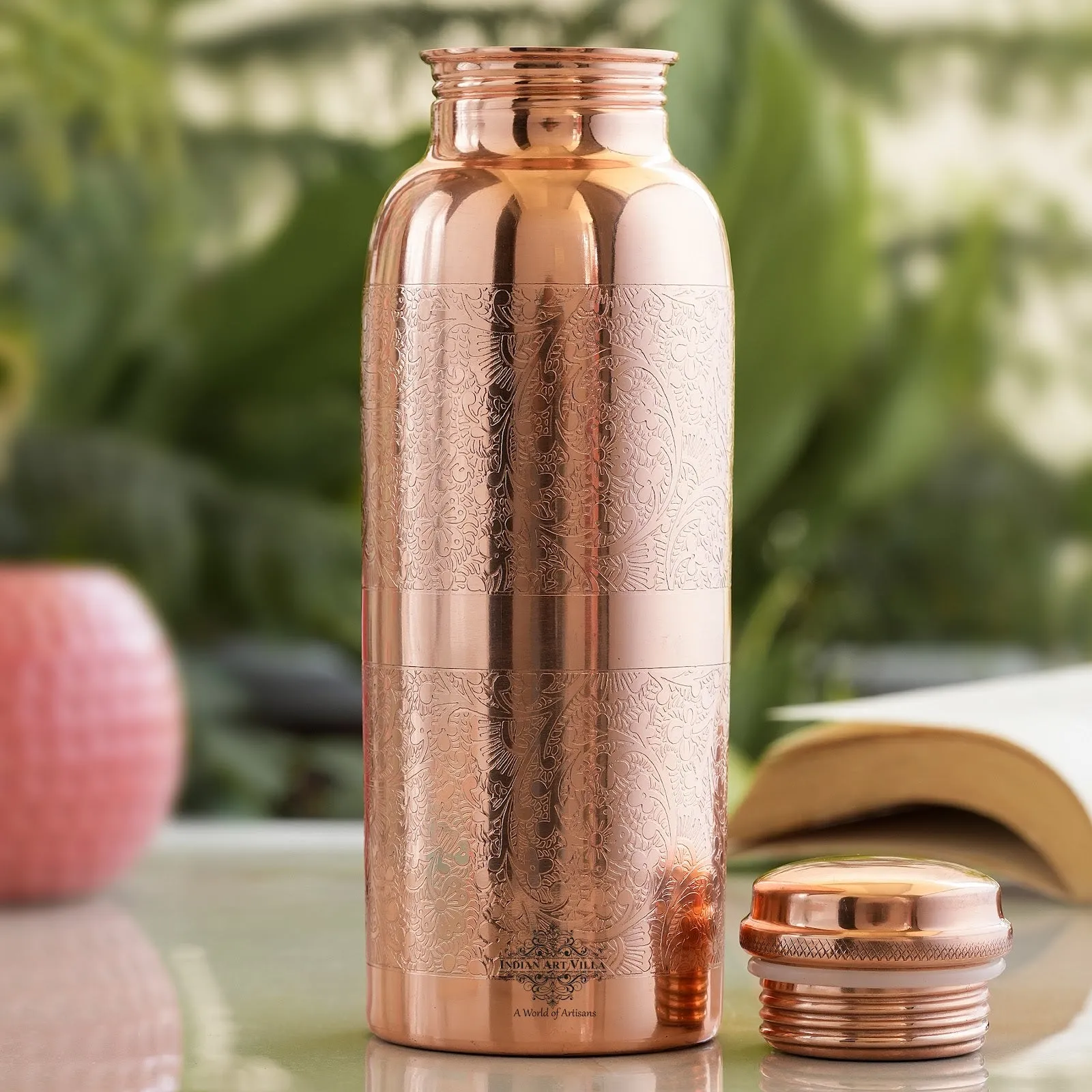 Indian Art Villa Pure Copper Embossed Water Bottle,Health Benefits, Drinkware