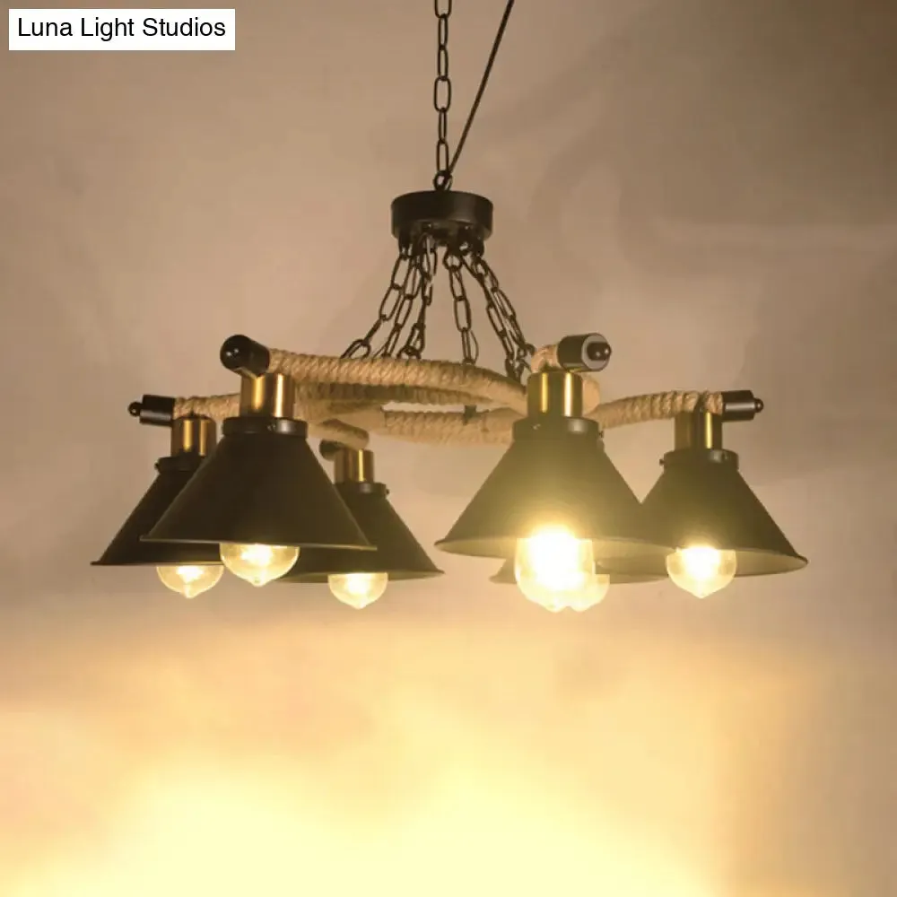 Industrial Metal Cone Chandelier with 3/6 Lights in Black - Living Room Pendant Light