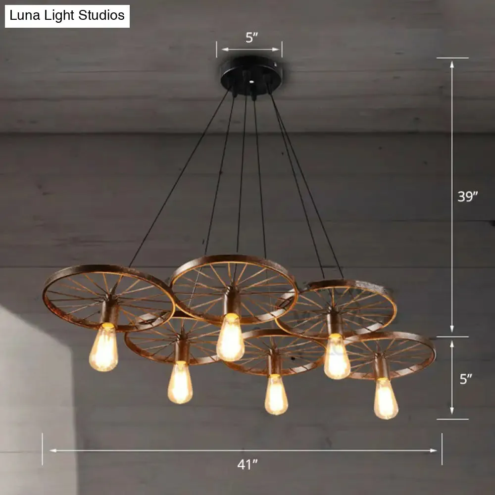 Industrial Rust Metal Chandelier: Wheel Ceiling Pendant Light for Living Room