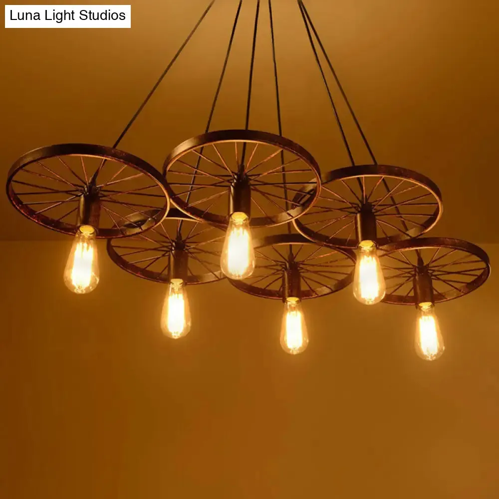 Industrial Rust Metal Chandelier: Wheel Ceiling Pendant Light for Living Room