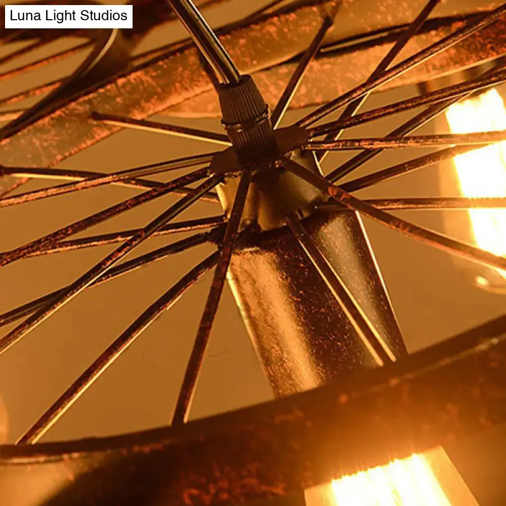 Industrial Rust Metal Chandelier: Wheel Ceiling Pendant Light for Living Room