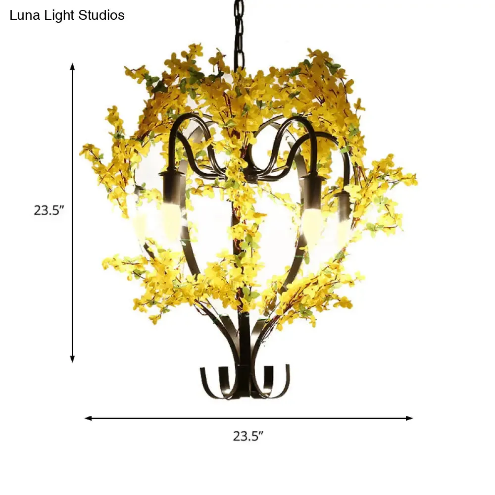 Industrial Yellow Metal Chandelier Light - 5 Heads Lantern Ceiling Pendant with Flower Decoration