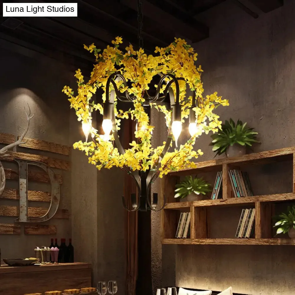 Industrial Yellow Metal Chandelier Light - 5 Heads Lantern Ceiling Pendant with Flower Decoration