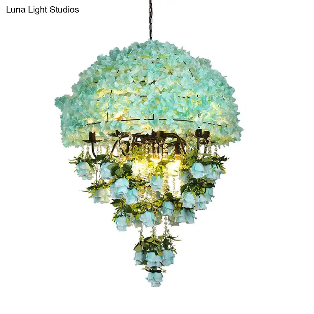 Iron Ceiling Chandelier - Industrial Blue Bowl Wire Cage, Crystal Decor, Floral Suspension Light - 10 Bulbs