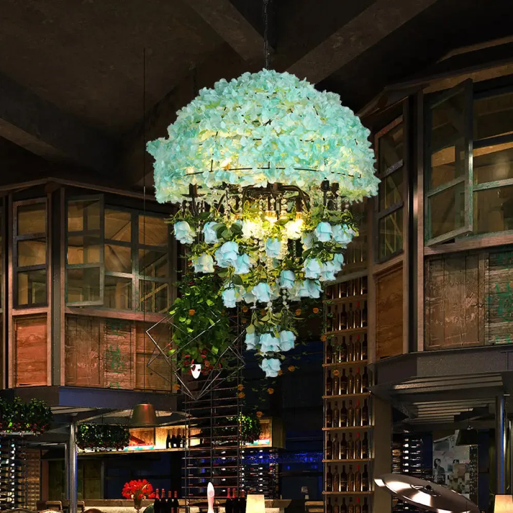 Iron Ceiling Chandelier - Industrial Blue Bowl Wire Cage, Crystal Decor, Floral Suspension Light - 10 Bulbs