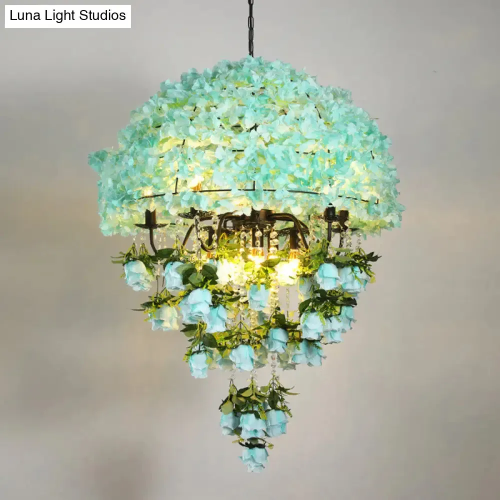 Iron Ceiling Chandelier - Industrial Blue Bowl Wire Cage, Crystal Decor, Floral Suspension Light - 10 Bulbs