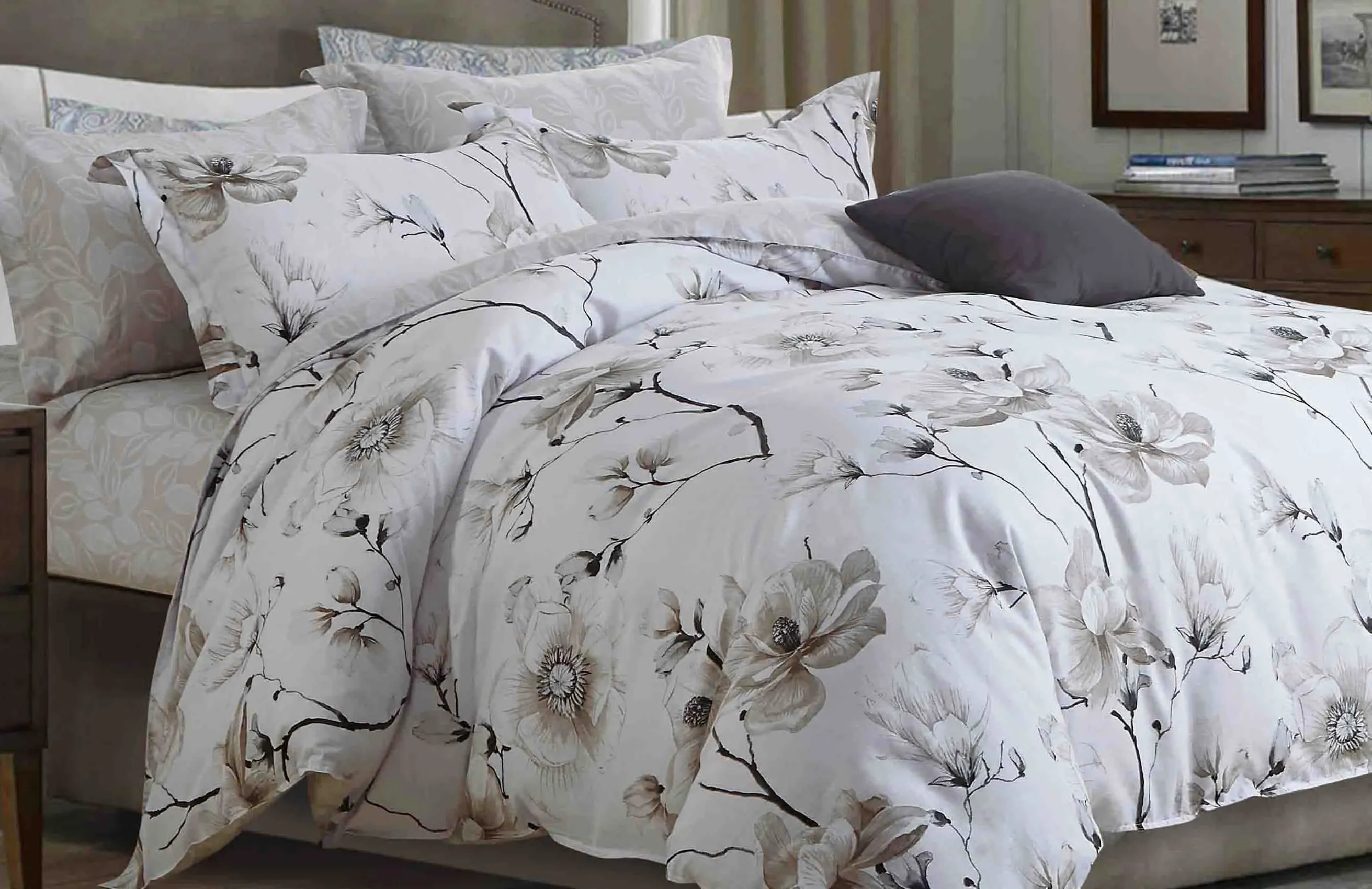 Juan Premium Cotton Floral Bedding Set in Chocolate and Ivory