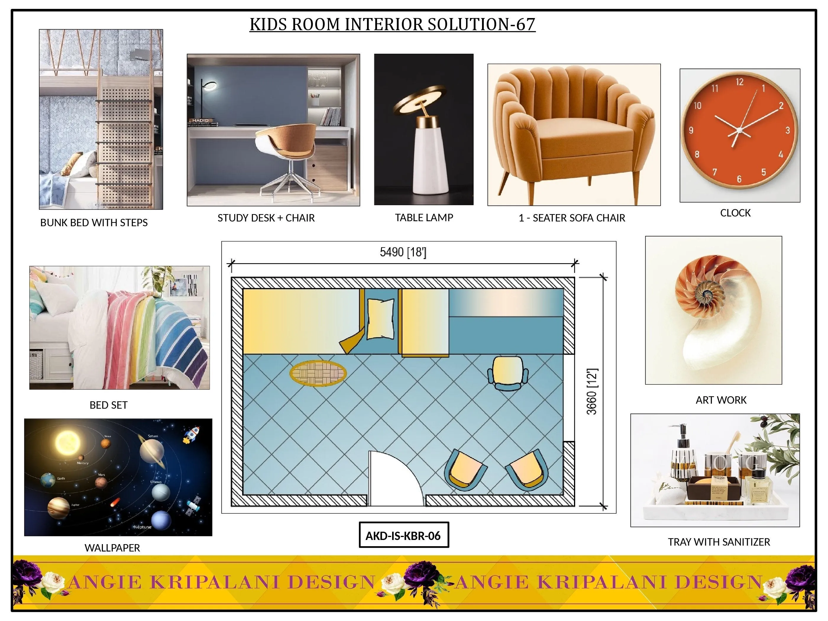 Kids Room Interior Design with 1 Seater Sofa and Table Lamp