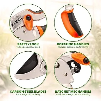 Kleva - Precision Pruners - Auto-Rotating Ratchet Shears For All Garden Pruning