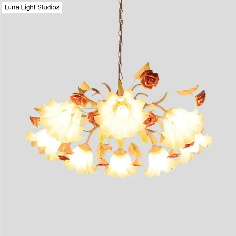 Korean Flower White Glass Scalloped Chandelier Lamp - 9 Bulb Ceiling Fixture for Living Room