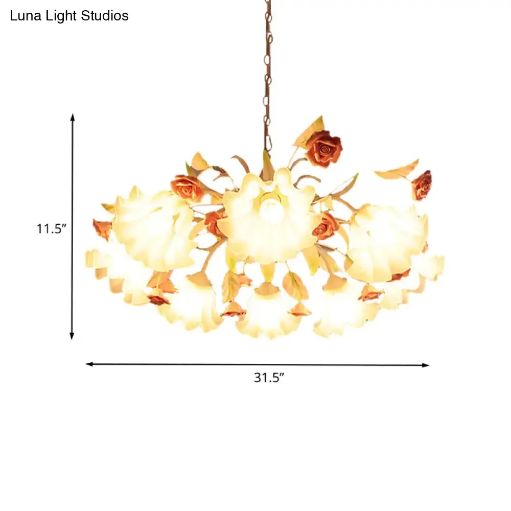 Korean Flower White Glass Scalloped Chandelier Lamp - 9 Bulb Ceiling Fixture for Living Room